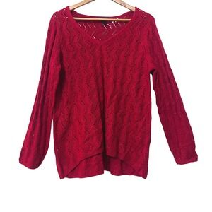 NWT Style & Co Red Textured Open Knit V Neck Sweater Long Sleeve Women's Size L